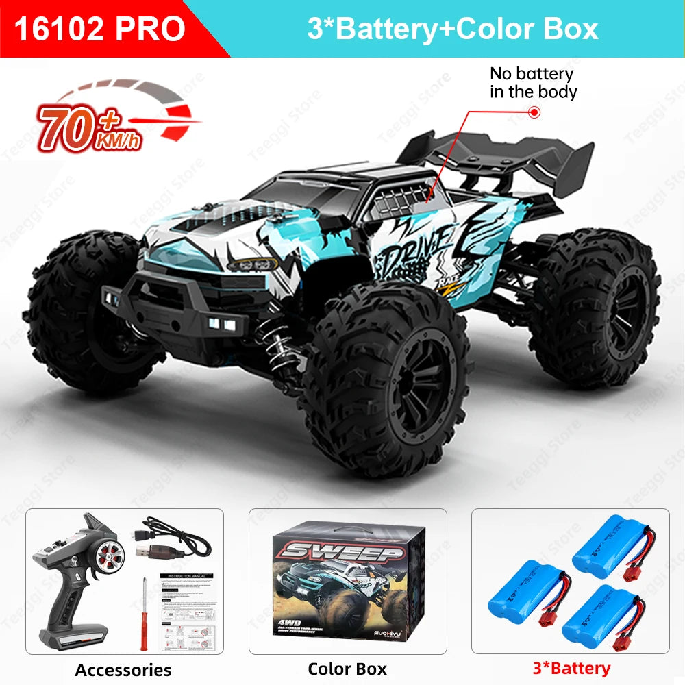 Teeggi 16101 /16102 PRO 1:16 High Speed RC Car With LED Light Drift 70KM/H 4WD RC Off-Road Car Monster Truck Toy For Kid Gifts Ai-TechWorld 