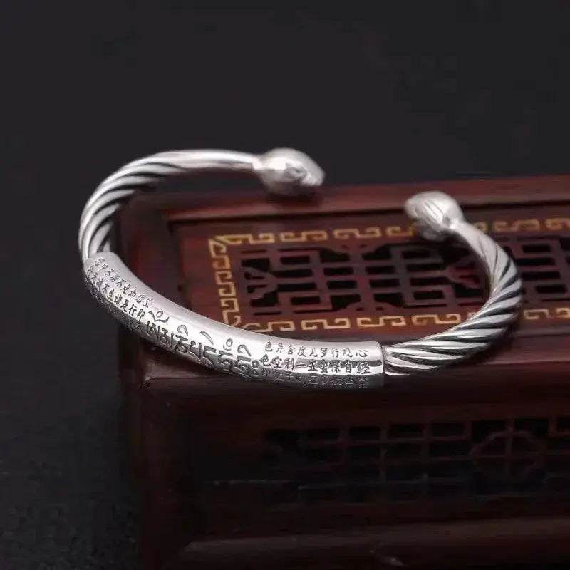 Retro Tibetan Six-Character Mantra Bracelet Scripture Lotus Opening Silver Plated Bracelet Twisted Line Men\\\'s Cuff Bracelet Ai-TechWorld 