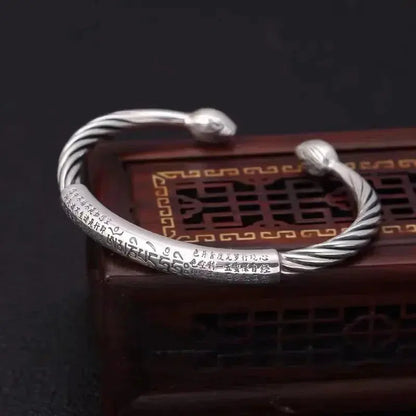 Retro Tibetan Six-Character Mantra Bracelet Scripture Lotus Opening Silver Plated Bracelet Twisted Line Men\\\'s Cuff Bracelet Ai-TechWorld 