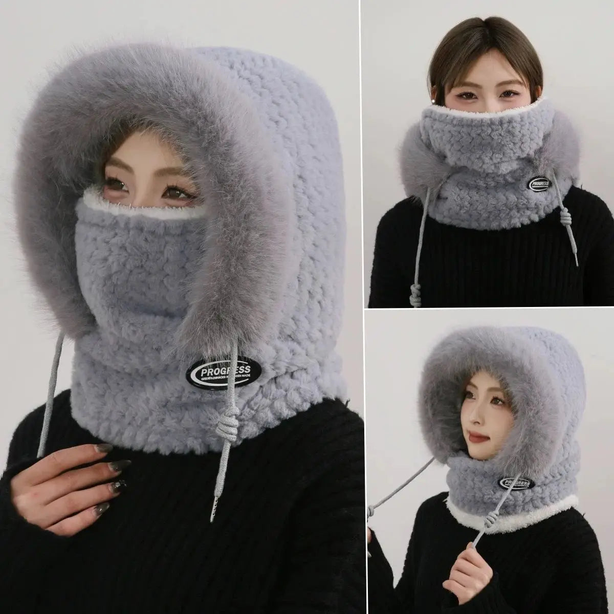 Autumn and Winter Women Thermal Plush Hat Hood Scarf and Mask Ear Protection Windproof Thick Design for Riding Outdoor Ai-TechWorld 