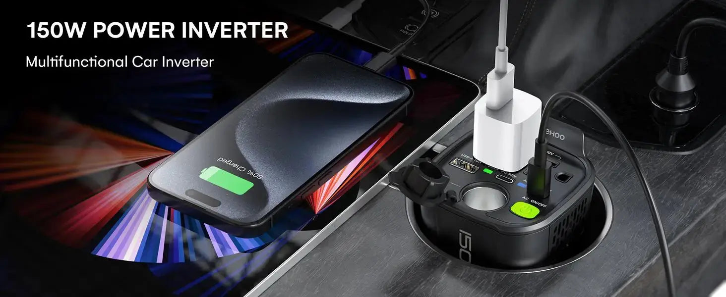 150W Car Power Inverter, 12V D/C To 110V AC Car Plug Adapter Outlet Converter, With 2 AC Outlets, A 18W USB A And Dual 30W PD Ca Ai-TechWorld 