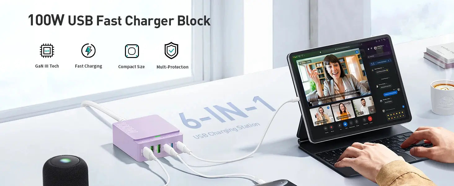 100W 6-Port GaN Quick Charge Hub - PD 3.0 Type C and USB A Charging Case - for Cell Phone Tablet Laptop Ai-TechWorld 