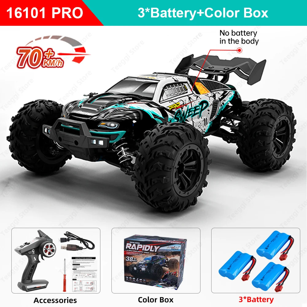 Teeggi 16101 /16102 PRO 1:16 High Speed RC Car With LED Light Drift 70KM/H 4WD RC Off-Road Car Monster Truck Toy For Kid Gifts Ai-TechWorld 