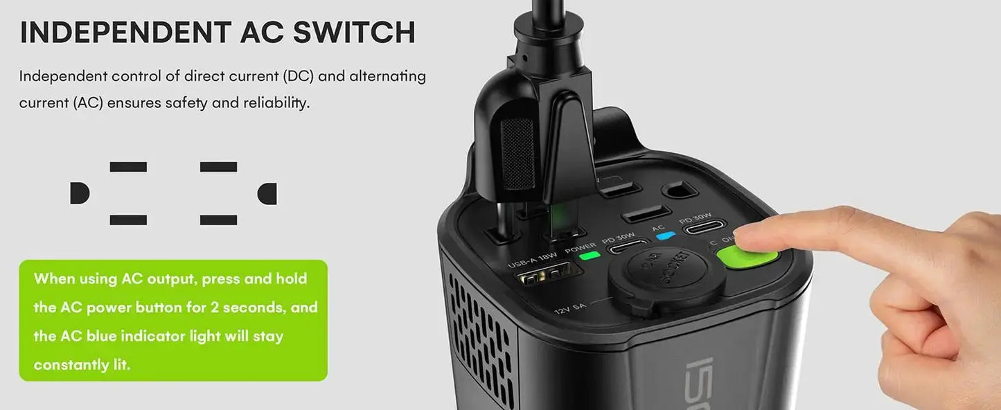 150W Car Power Inverter, 12V D/C To 110V AC Car Plug Adapter Outlet Converter, With 2 AC Outlets, A 18W USB A And Dual 30W PD Ca Ai-TechWorld 