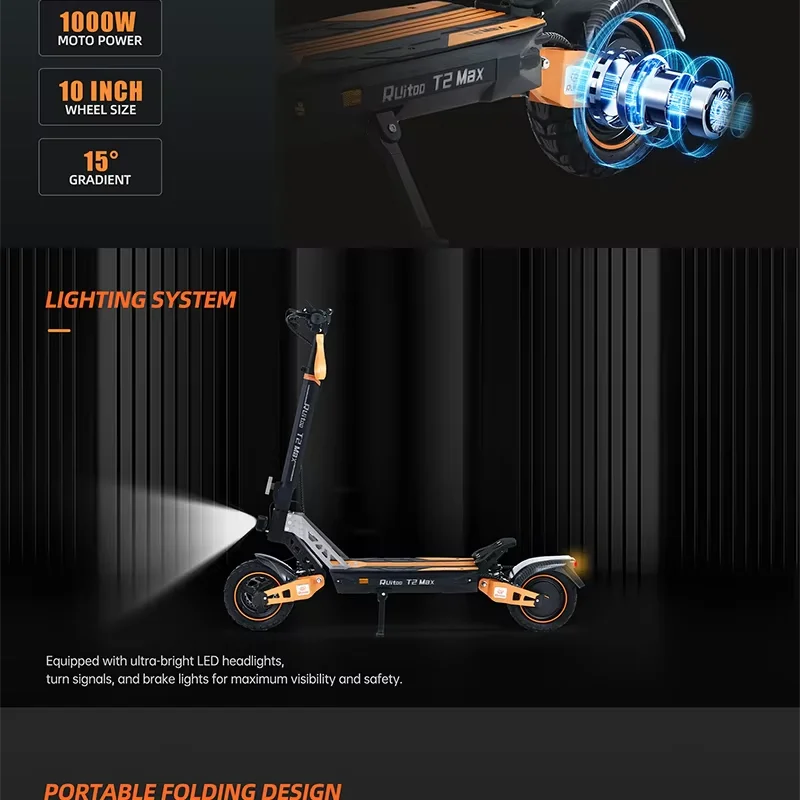 Ruitoo T2Max 1000W Nice design Electric Scooter Folding Two Wheel Scooter for Adults Ai-TechWorld 