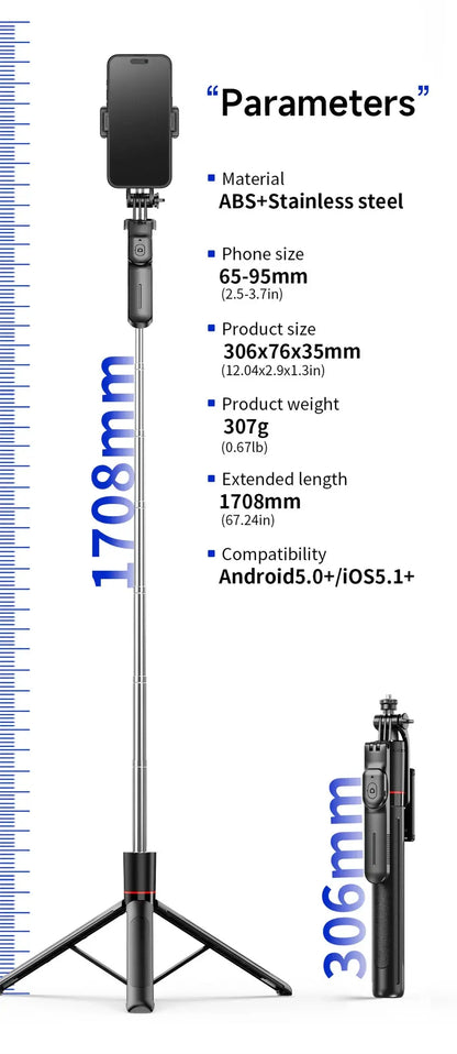 MEUYAG Selfie Stick Tripod with 1708mm Long Monopod Fill Light, Bluetooth Remote, 360° Rotation, 1/4 Interface, for mobile phone Ai-TechWorld 