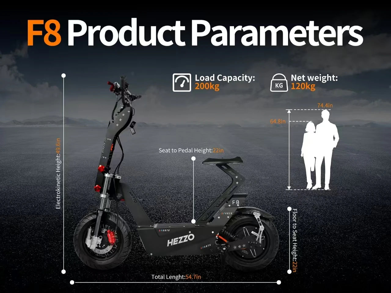 HEZZO 8000W Electric Scooter Dual Motor Top Speed 90-100KM/H，72V 50Ah ，16Inch Off-Road Tires Sport Folding F8 eScooter Ai-TechWorld 