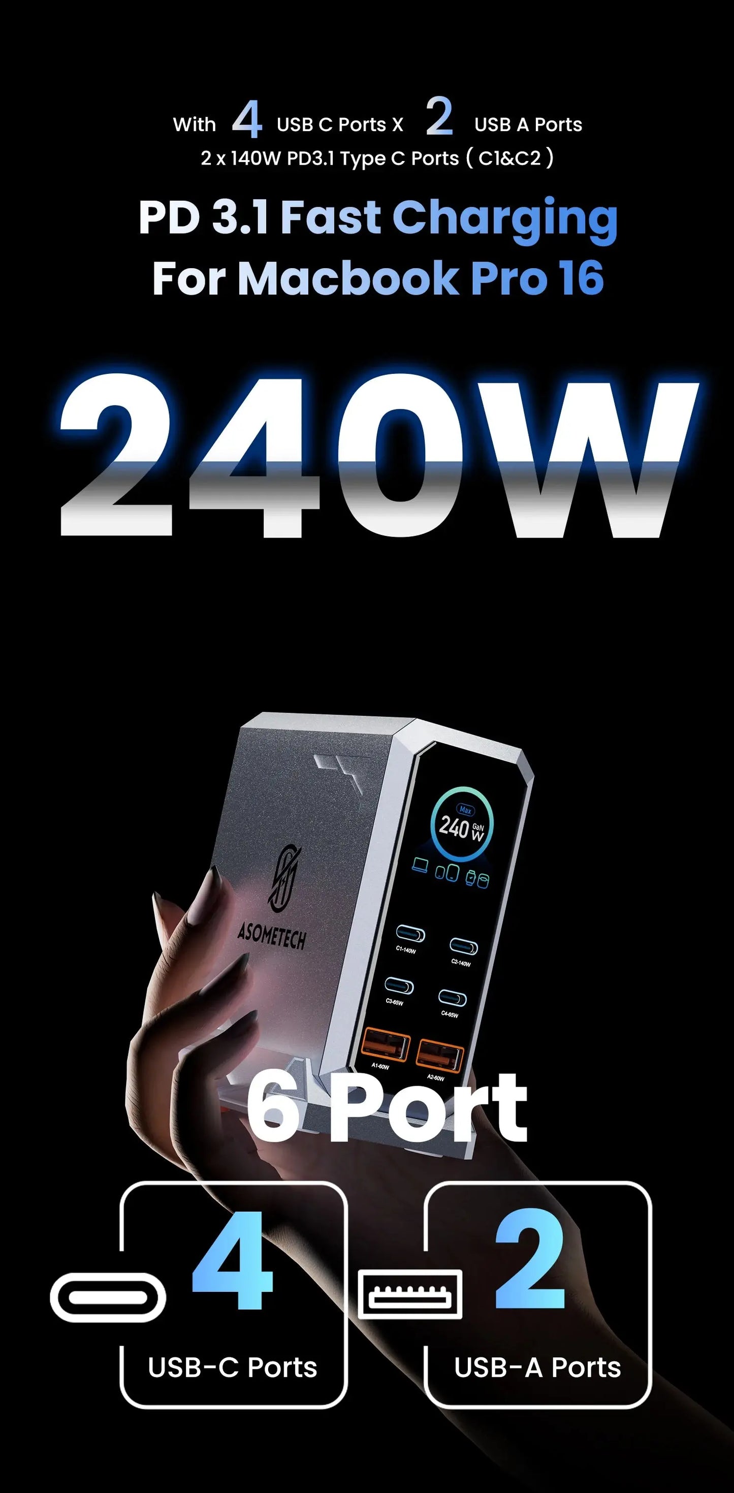 240W GaN Charger PD3.1 140W USB Type C 6 Ports PPS PD Desktop Fast Charging Station for MacBook Laptops Tablet iPhone Samsung Ai-TechWorld 