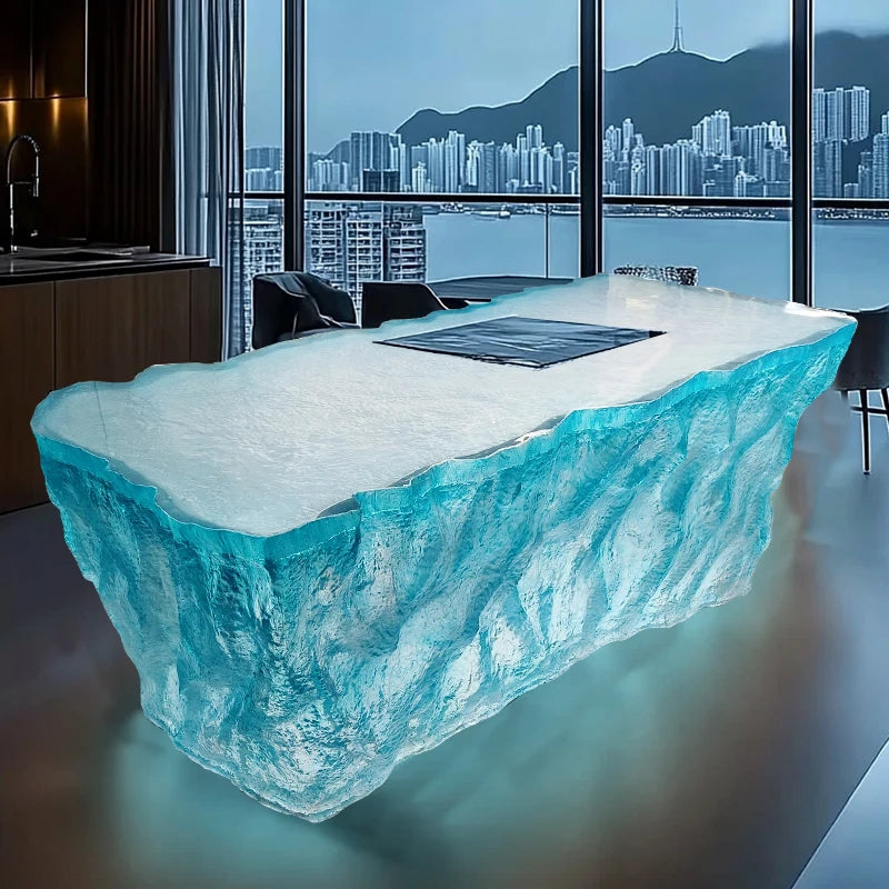 Modern light luxury home villa bar luminous island table custom transparent resin crystal bar glacier art tea table Ai-TechWorld 