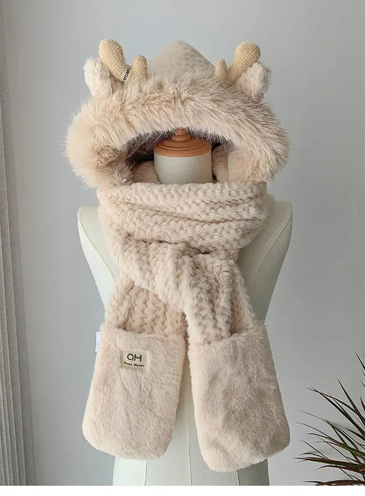 Fashion Elk Antlers Plush Hat Scarf Gloves Women's Winter Ear Protector Thickened Lei Feng Hat Cycling Ski Cap Wind Proof Ai-TechWorld 