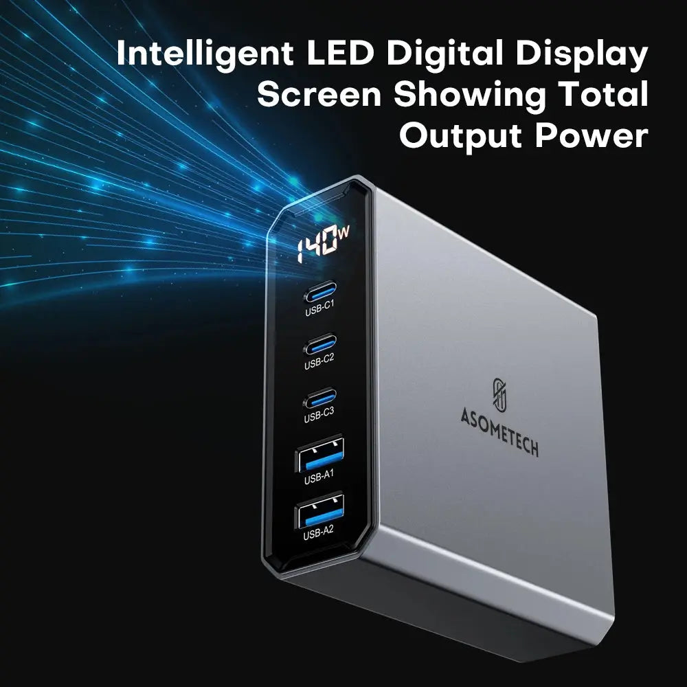 ASOMETECH 140W GaN USB Type C Fast Charger Multiple Ports QC4.0 PD Quick Charger For Macbook Laptop Tablet iPhone 14 Samsung S23 Ai-TechWorld 