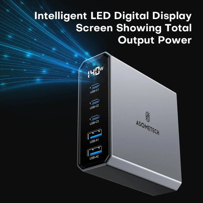 ASOMETECH 140W GaN USB Type C Fast Charger Multiple Ports QC4.0 PD Quick Charger For Macbook Laptop Tablet iPhone 14 Samsung S23 Ai-TechWorld 