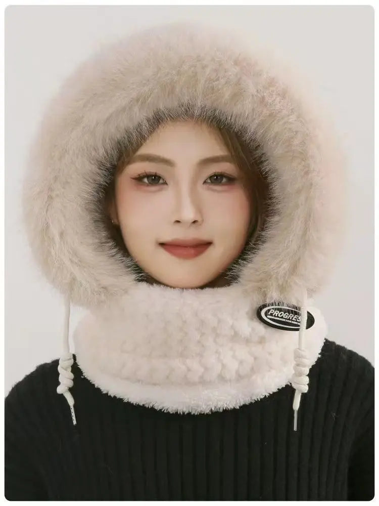 Autumn and Winter Women Thermal Plush Hat Hood Scarf and Mask Ear Protection Windproof Thick Design for Riding Outdoor Ai-TechWorld 