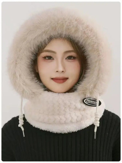 Autumn and Winter Women Thermal Plush Hat Hood Scarf and Mask Ear Protection Windproof Thick Design for Riding Outdoor Ai-TechWorld 