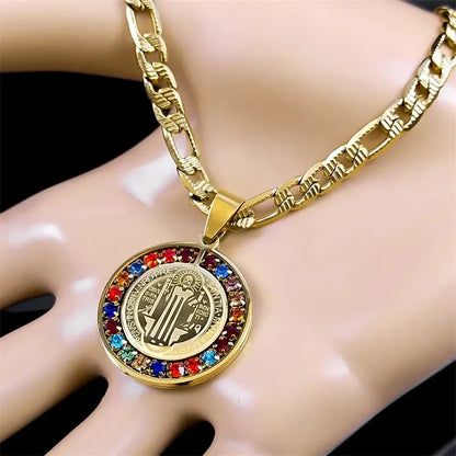 Colorful Crystal Saint Benedict Medal Necklace Women Men Stainless Steel Gold Color Chain Necklaces Jewelry San Benito N8391S05 Ai-TechWorld 