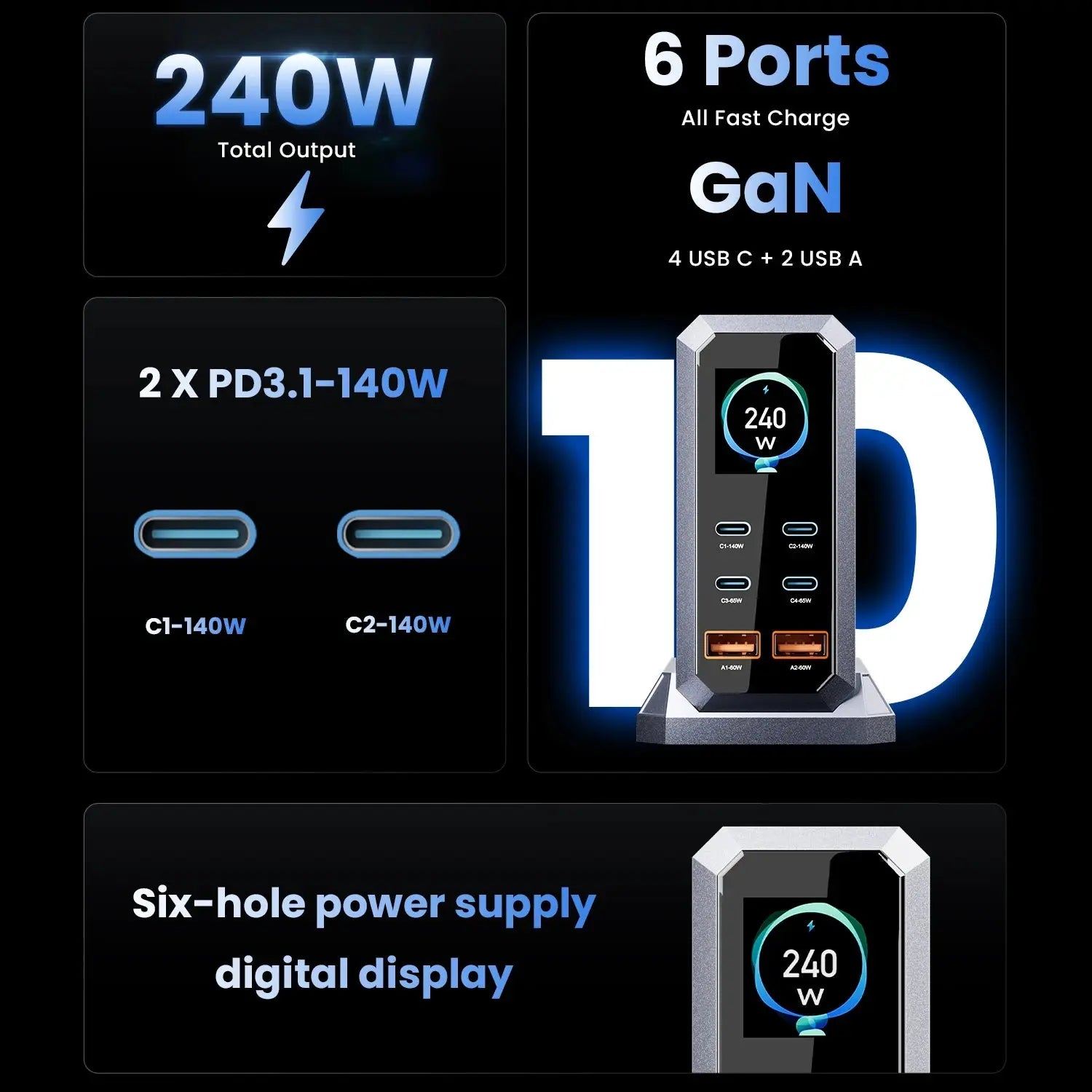 240W GaN Charger PD3.1 140W USB Type C 6 Ports PPS PD Desktop Fast Charging Station for MacBook Laptops Tablet iPhone Samsung Ai-TechWorld 
