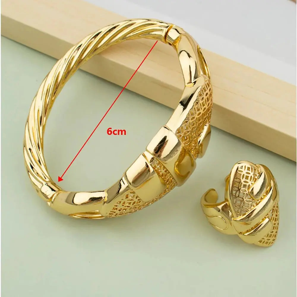 Cuff Bangle With Ring For Women 18K Gold Plated Bracelet Jewelry Nigerian Wedding Party Gift Dubai Hollow Out Design Bracelet Ai-TechWorld 
