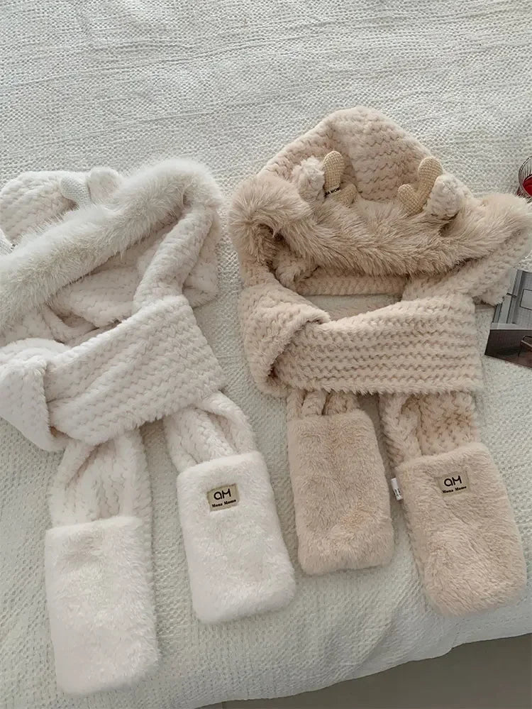 Fashion Elk Antlers Plush Hat Scarf Gloves Women's Winter Ear Protector Thickened Lei Feng Hat Cycling Ski Cap Wind Proof Ai-TechWorld 
