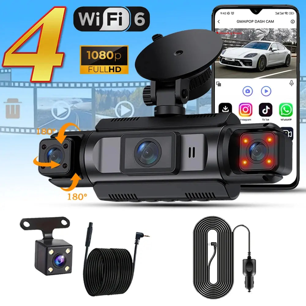 Car Dash Cam 4 Channel Black Box WiFi Driving Camera FHD 1080P Front Left Right Rear Night Vision Loop Recording add Hardwirekit Ai-TechWorld 