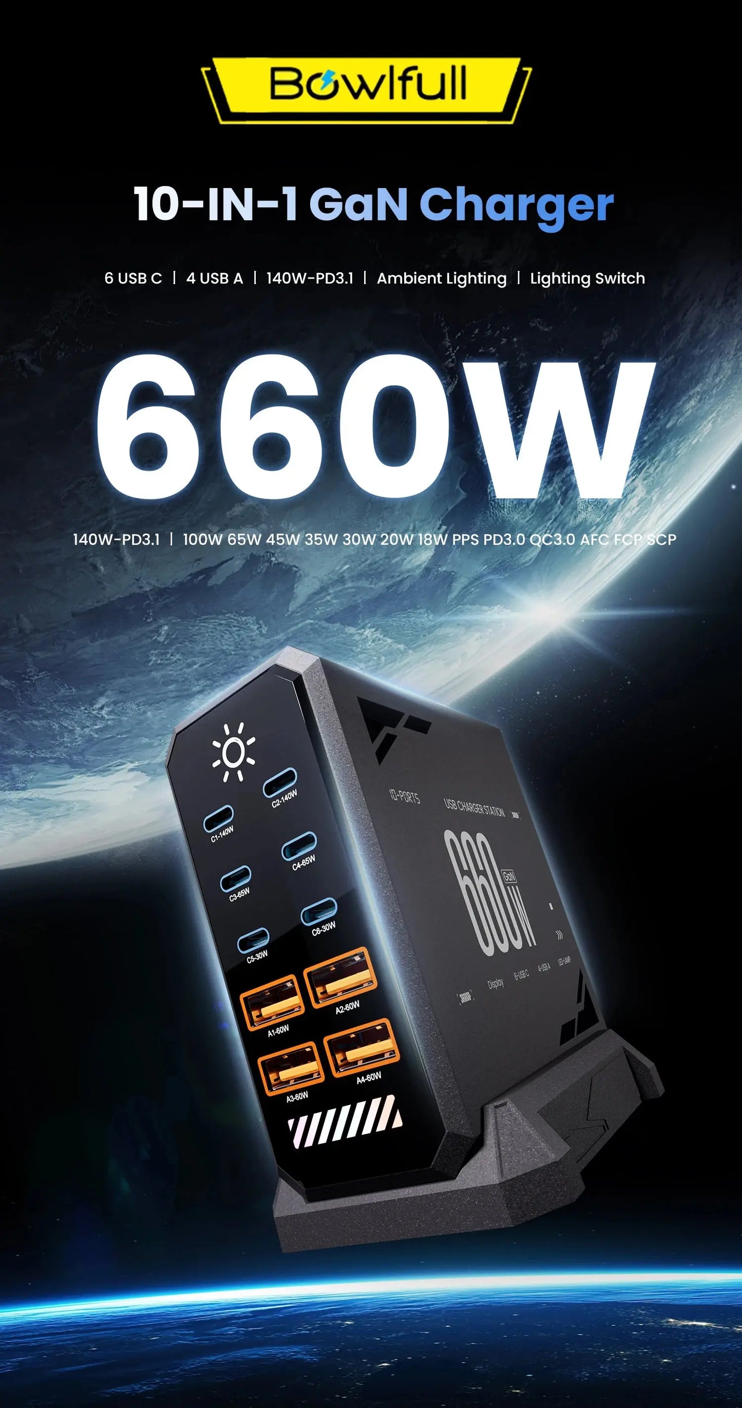 660W GaN USB Charger Station 10 Port Desktop Fast USB Type C Charger 140W PD3.1 PPS Quick Charger For Macbook iPhone 16 Samsung Ai-TechWorld 