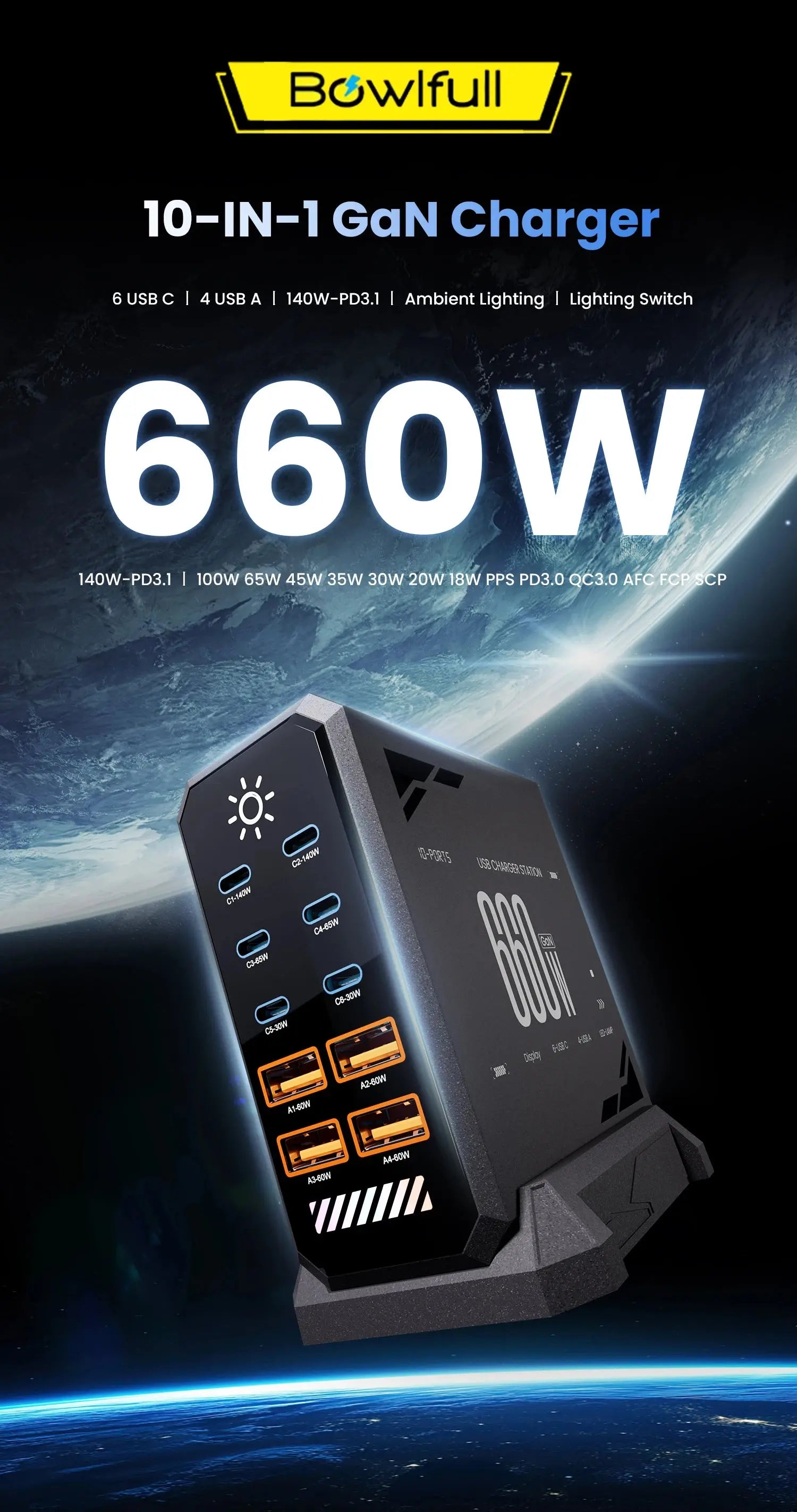 660W GaN USB Charger Station 10 Port Desktop Fast USB Type C Charger 140W PD3.1 PPS Quick Charger For Macbook iPhone 16 Samsung Ai-TechWorld 