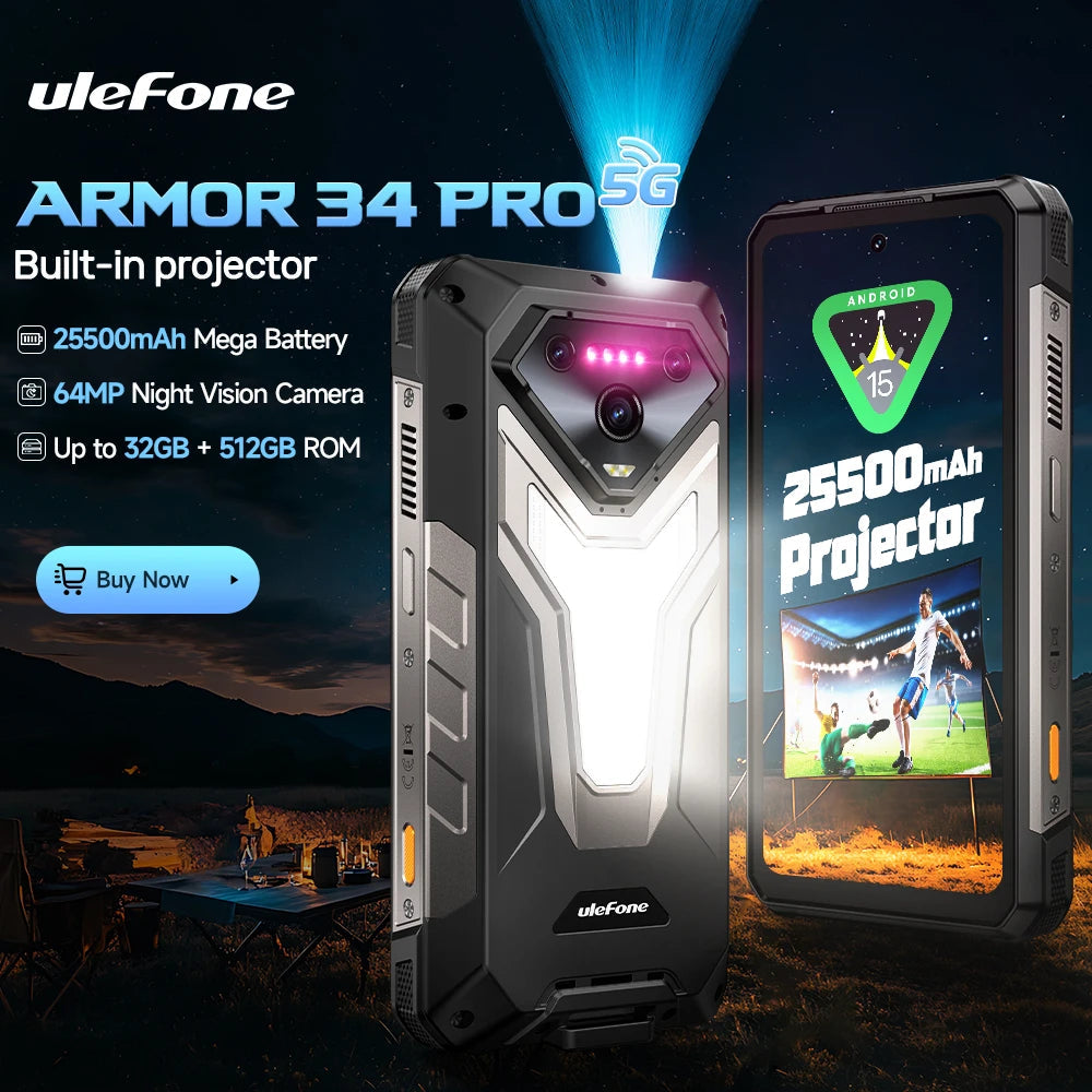 【World Premiere】Ulefone Armor 34 Pro 5G AI Rugged Phone 25500mAh Up to 32GB+512GB Built-in Projector 120Hz 6.95" NFC Smartphone Ai-TechWorld 