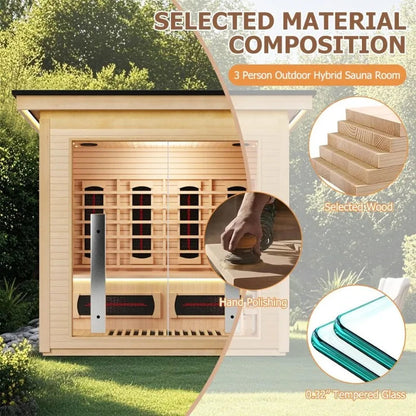 3-4 Person Hybrid Sauna Room, Indoor Outdoor Hemlock Wood Spa with WiFi Control, Infrared and Steam Dual Heating Ai-TechWorld 