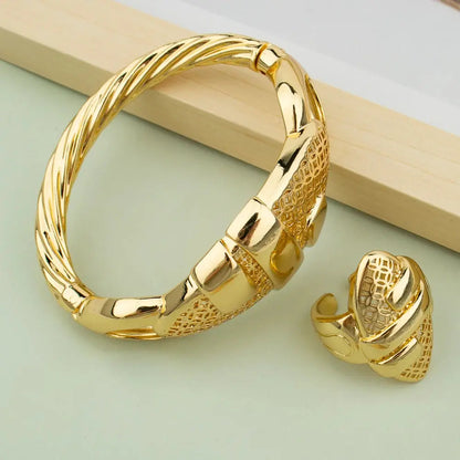 Cuff Bangle With Ring For Women 18K Gold Plated Bracelet Jewelry Nigerian Wedding Party Gift Dubai Hollow Out Design Bracelet Ai-TechWorld 