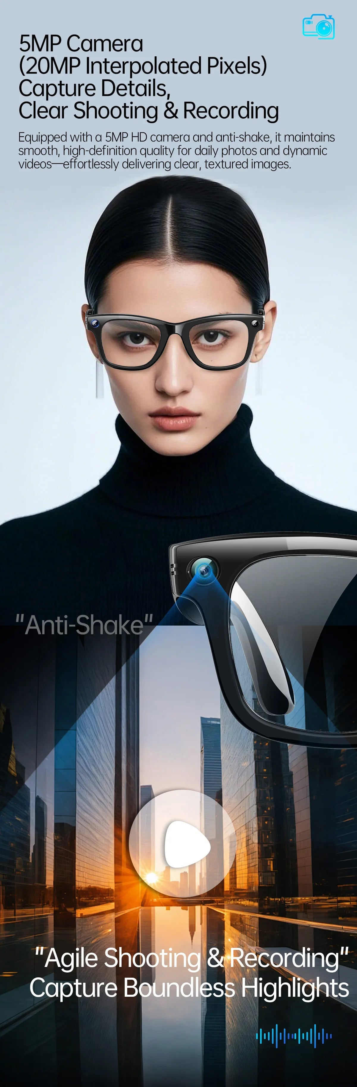 AI Smart Glasses 5 Million Pixels Recording Videos Photo Recognition Answer Translation 290mAh IP66 Waterproof Bluetooth Glasses Ai-TechWorld 