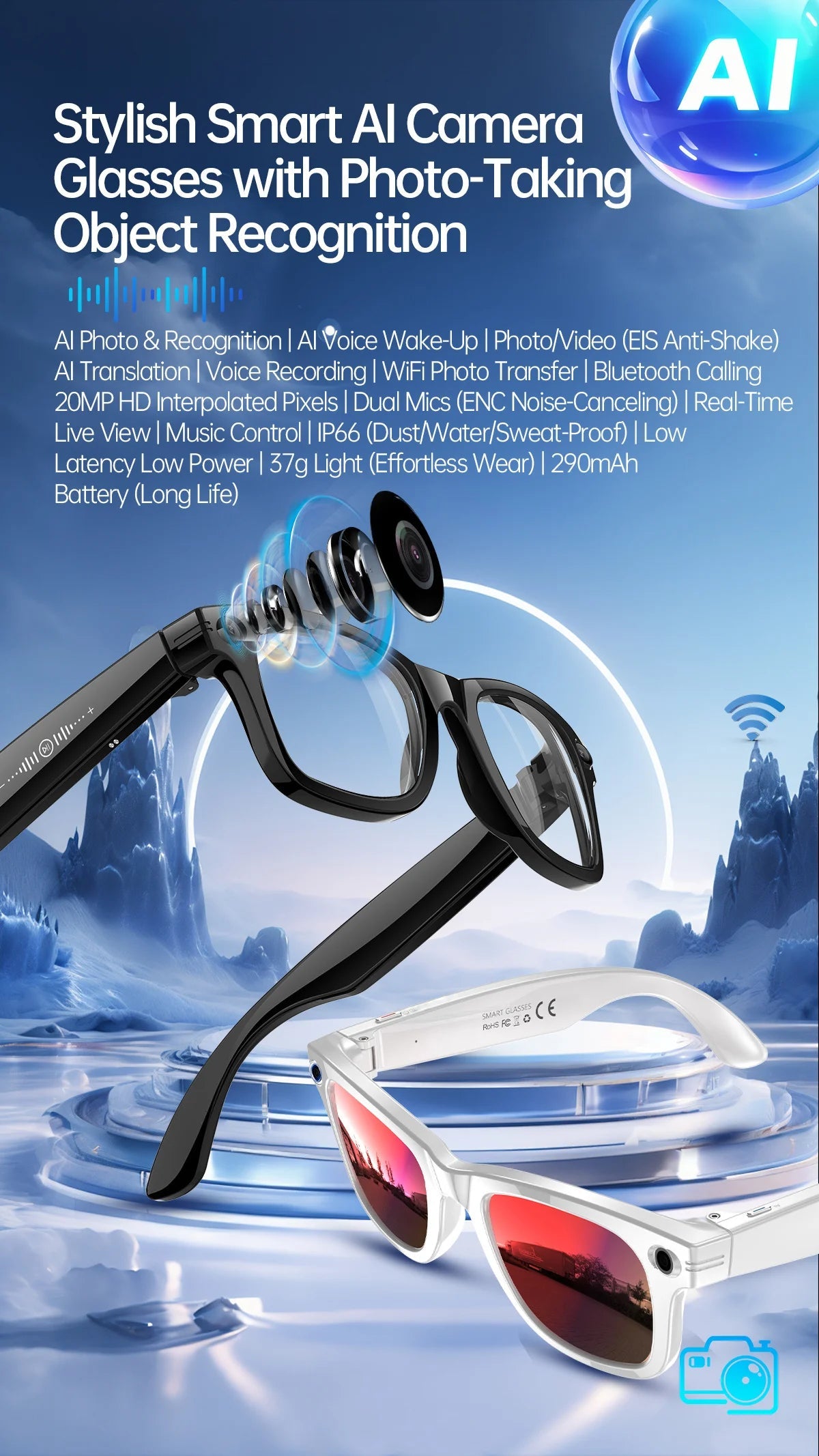 AI Smart Glasses 5 Million Pixels Recording Videos Photo Recognition Answer Translation 290mAh IP66 Waterproof Bluetooth Glasses Ai-TechWorld 