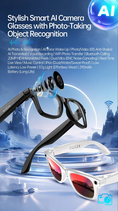 AI Smart Glasses 5 Million Pixels Recording Videos Photo Recognition Answer Translation 290mAh IP66 Waterproof Bluetooth Glasses Ai-TechWorld 