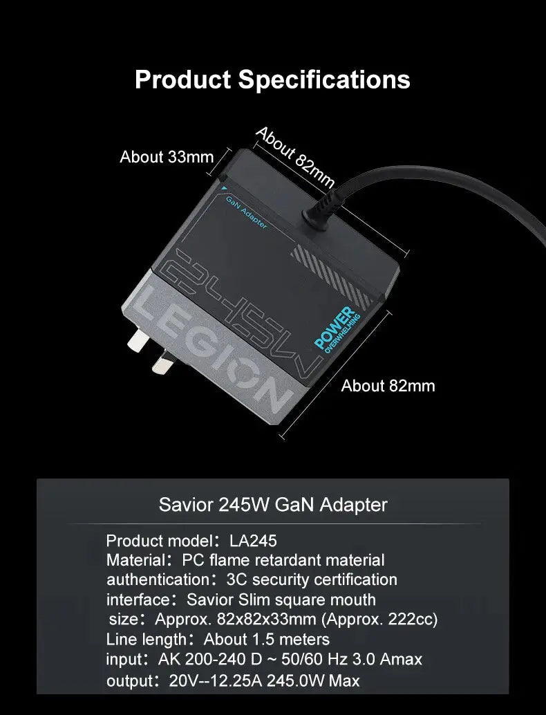 Worlds Fastest Lenovo Legion 245W Gan Power Adapter Universal Computer Charger Type-C Ai-TechWorld 