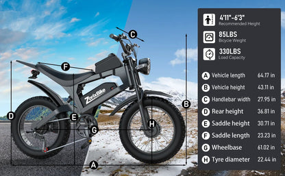 ZorixBike R8 Pro Electric Off-Road Bike 20x4" 3000W 35Mph 80Mile 48V 23Ah,7 Speed Wide Tire All Terrain E-Bike For Adult Ai-TechWorld 