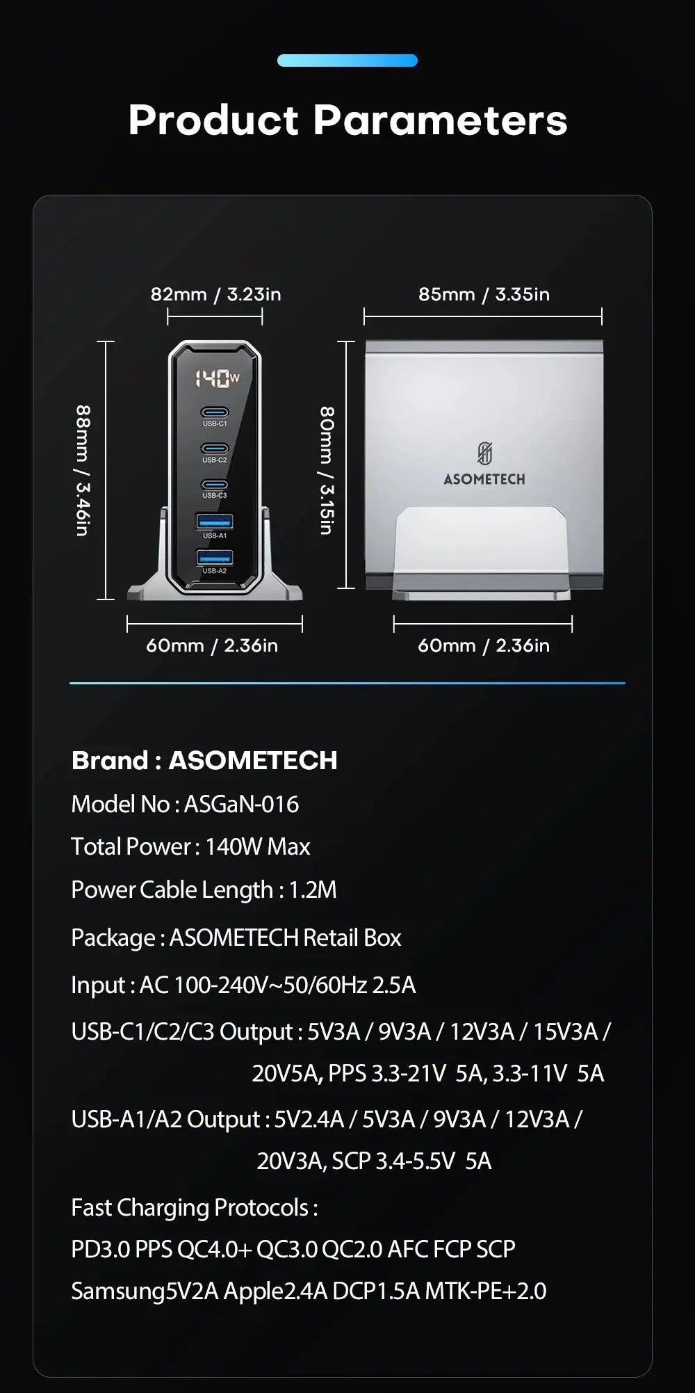 ASOMETECH 140W GaN USB Type C Fast Charger Multiple Ports QC4.0 PD Quick Charger For Macbook Laptop Tablet iPhone 14 Samsung S23 Ai-TechWorld 