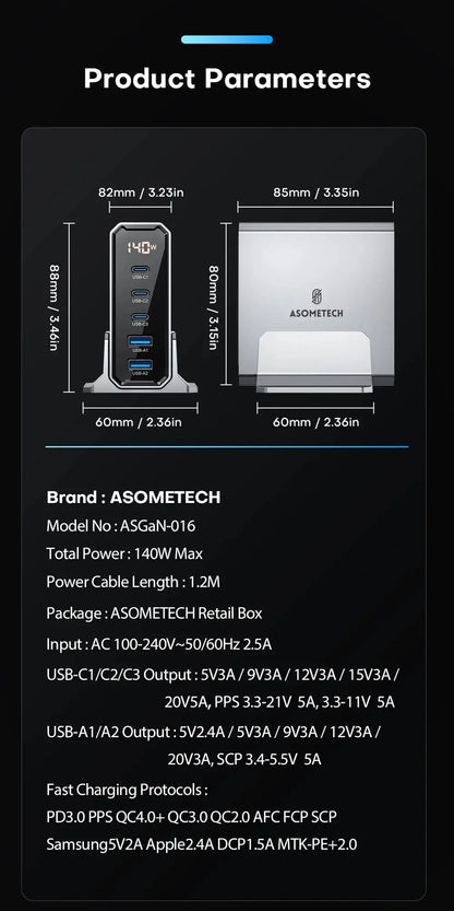 ASOMETECH 140W GaN USB Type C Fast Charger Multiple Ports QC4.0 PD Quick Charger For Macbook Laptop Tablet iPhone 14 Samsung S23 Ai-TechWorld 
