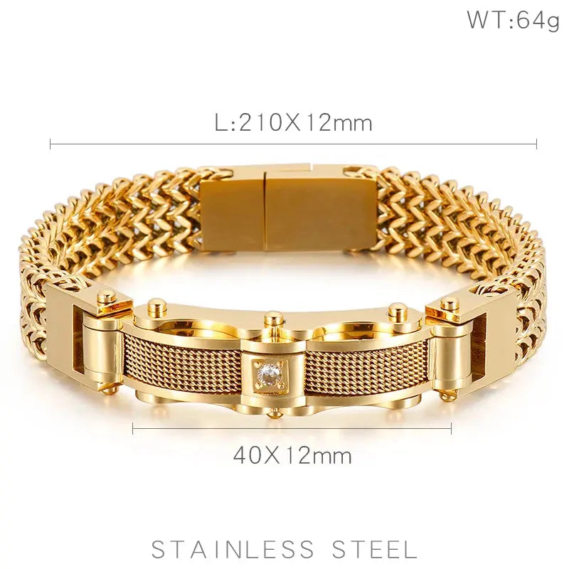 Luxury Bracelet for Men Gold 12MM Wide Stainless Steel Square Wrist Bracelets Ai-TechWorld 