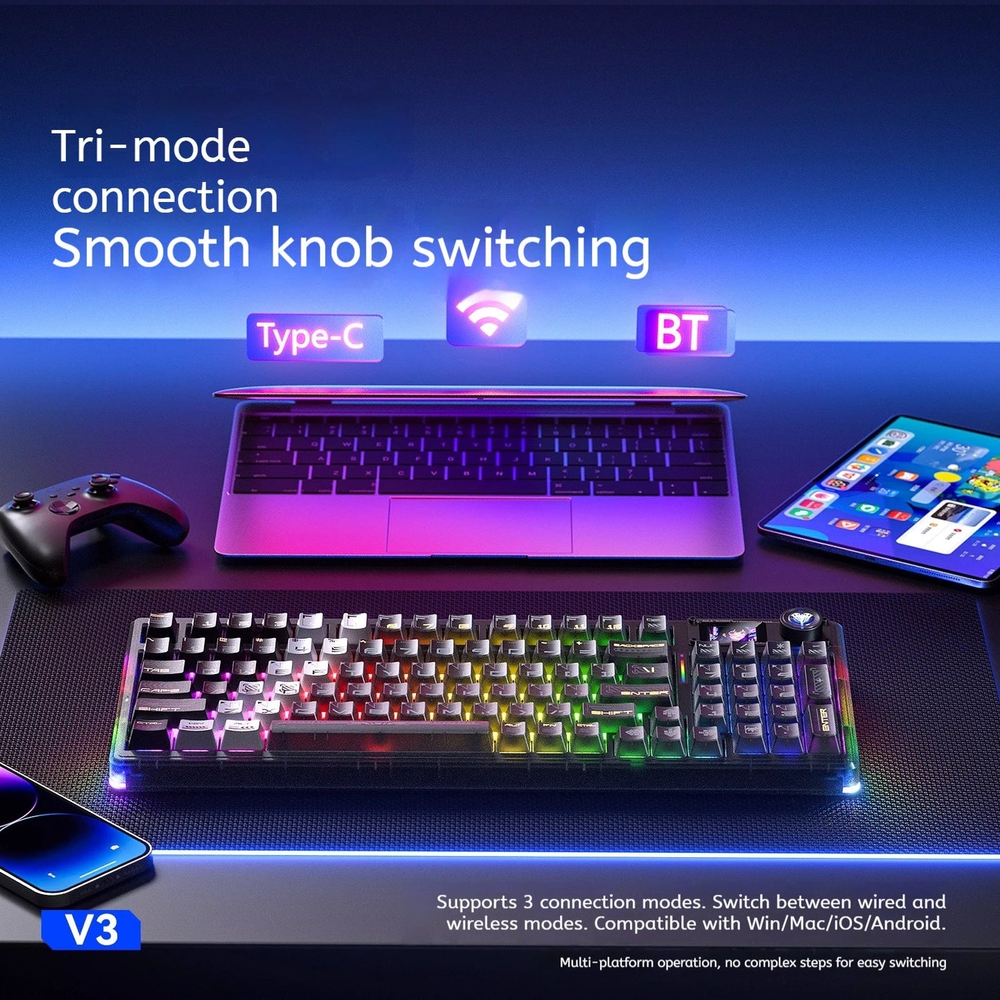 AULA F98 Pro V3 Mechanical Keyboard Custom RGB Backlight Wireless Bluetooth Gaming Keyboard With Screen and Knob Ai-TechWorld   ai-techworld
