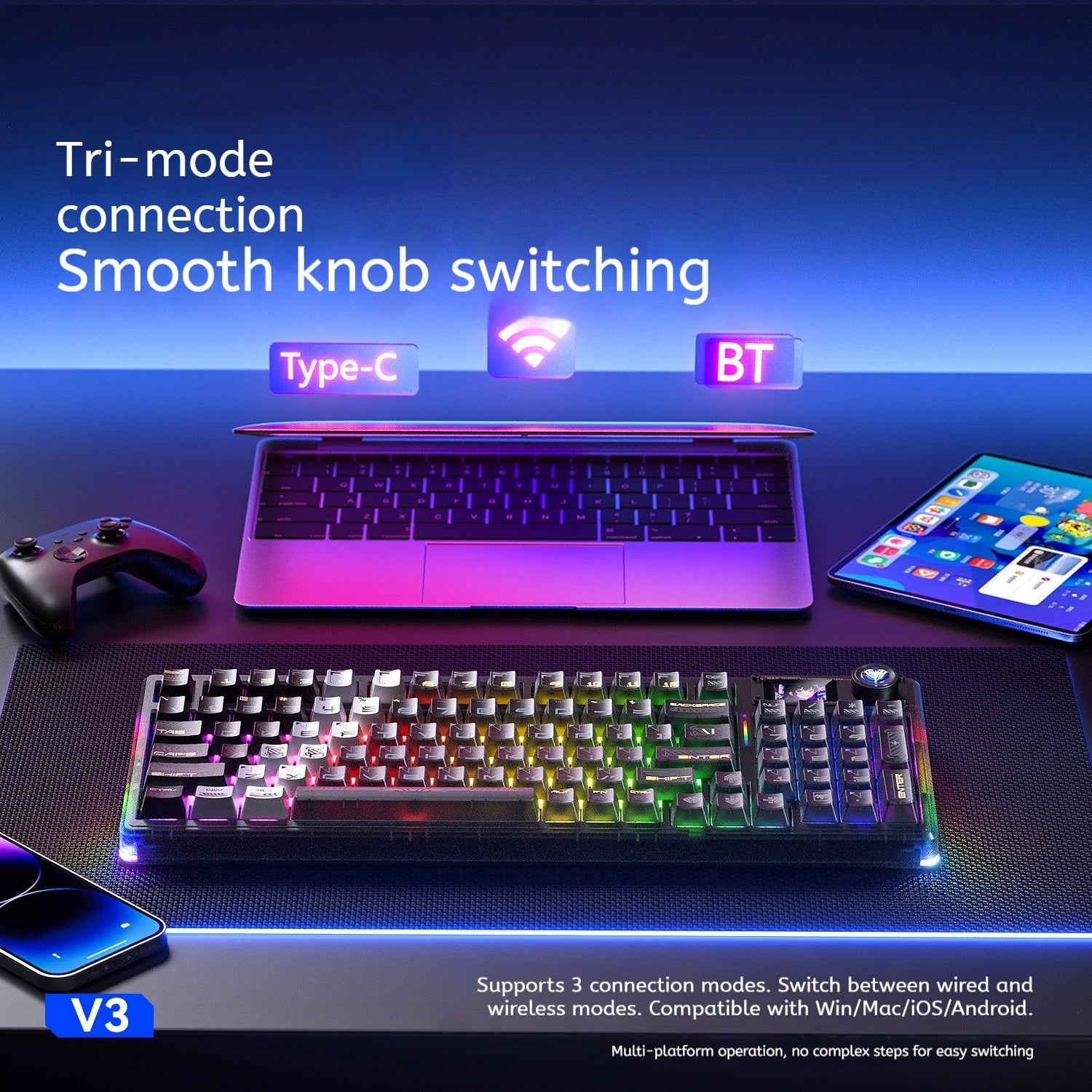 AULA F98 Pro V3 Mechanical Keyboard Custom RGB Backlight Wireless Bluetooth Gaming Keyboard With Screen and Knob Ai-TechWorld   ai-techworld