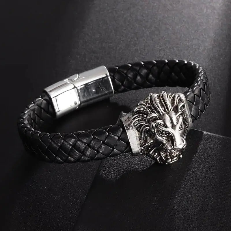Domineering Lion Head Animal Hand-Woven Single-Layer Leather Magnetic Bracelet Hip-Hop Men's Trendy Jewelry Ai-TechWorld 