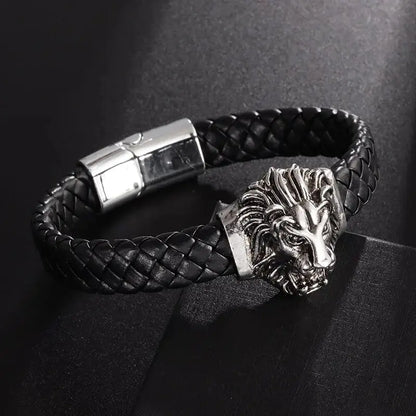 Domineering Lion Head Animal Hand-Woven Single-Layer Leather Magnetic Bracelet Hip-Hop Men's Trendy Jewelry Ai-TechWorld 