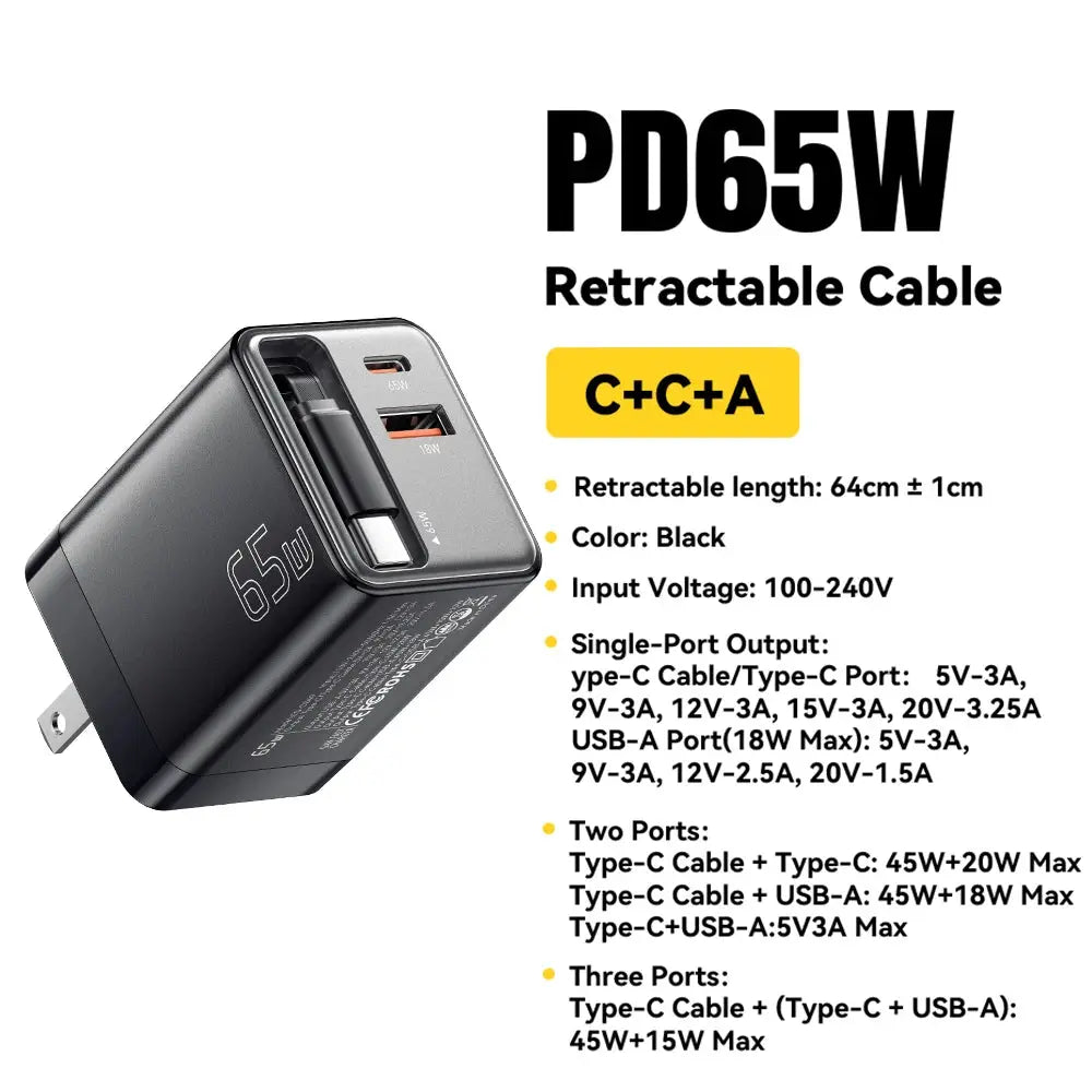 Essager 65W GaN Charger with Retractable Cable PD Fast Charging for Laptop Macbook iPhone 16 15 14 Xiaomi Type-C Phone Charger Ai-TechWorld 