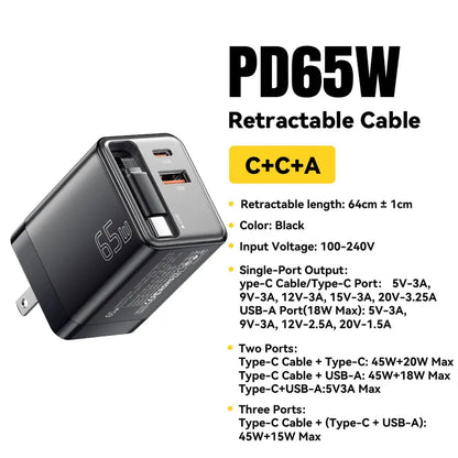 Essager 65W GaN Charger with Retractable Cable PD Fast Charging for Laptop Macbook iPhone 16 15 14 Xiaomi Type-C Phone Charger Ai-TechWorld 