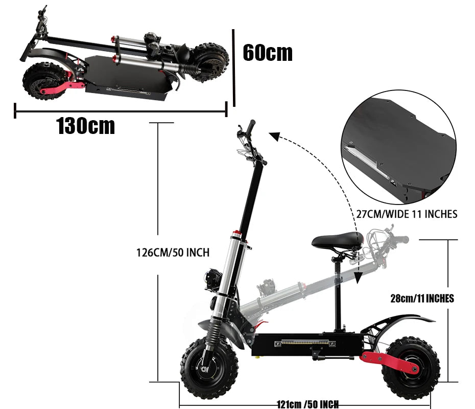 48-72V Electric Scooter for Adults 90KM/H 10-11''Tubeless Off Road Tire Hydraulic / SpringSuspension Foldable Escooter with Seat Ai-TechWorld 