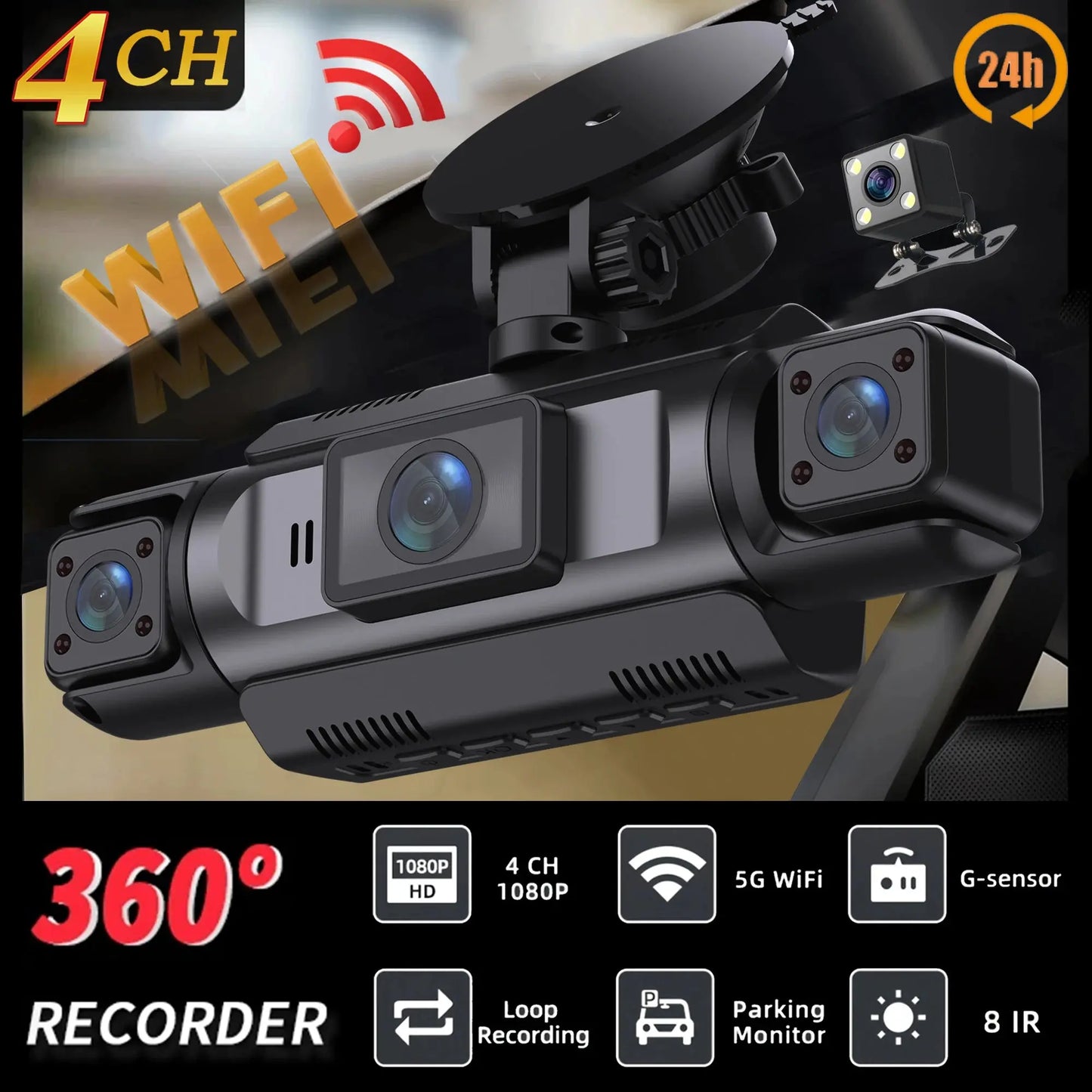 Car Dash Cam 4 Channel Black Box WiFi Driving Camera FHD 1080P Front Left Right Rear Night Vision Loop Recording add Hardwirekit Ai-TechWorld 