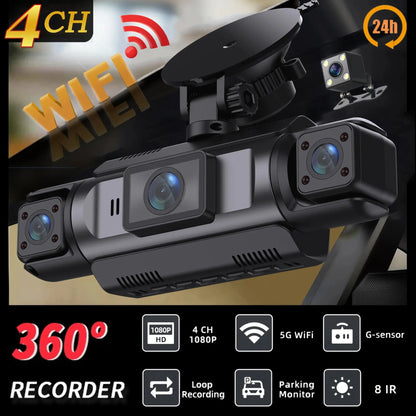 Car Dash Cam 4 Channel Black Box WiFi Driving Camera FHD 1080P Front Left Right Rear Night Vision Loop Recording add Hardwirekit Ai-TechWorld 