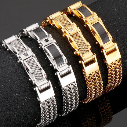 Luxury Bracelet for Men Gold 12MM Wide Stainless Steel Square Wrist Bracelets Ai-TechWorld 