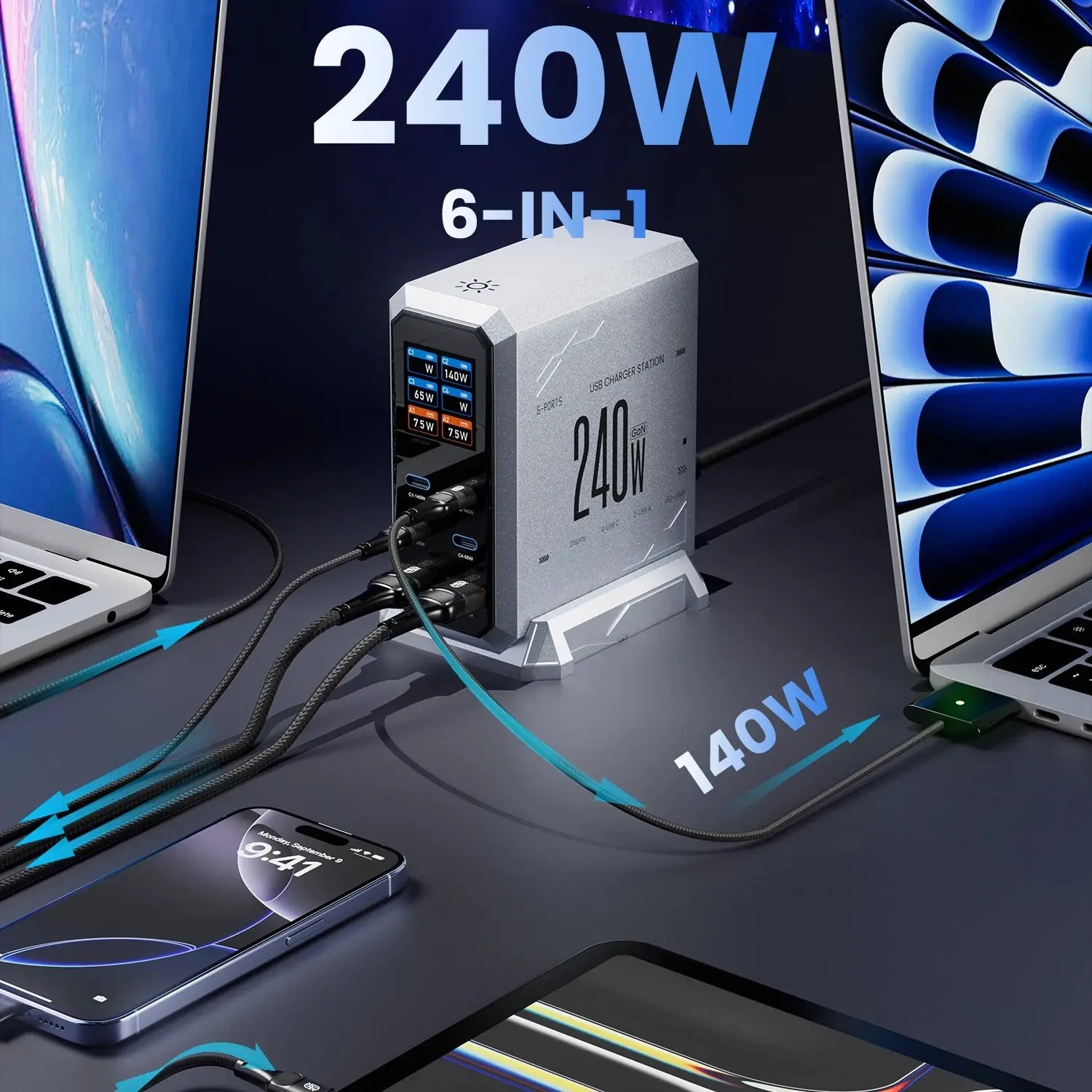 240W GaN Charger PD3.1 140W USB Type C 6 Ports PPS PD Desktop Fast Charging Station for MacBook Laptops Tablet iPhone Samsung Ai-TechWorld 