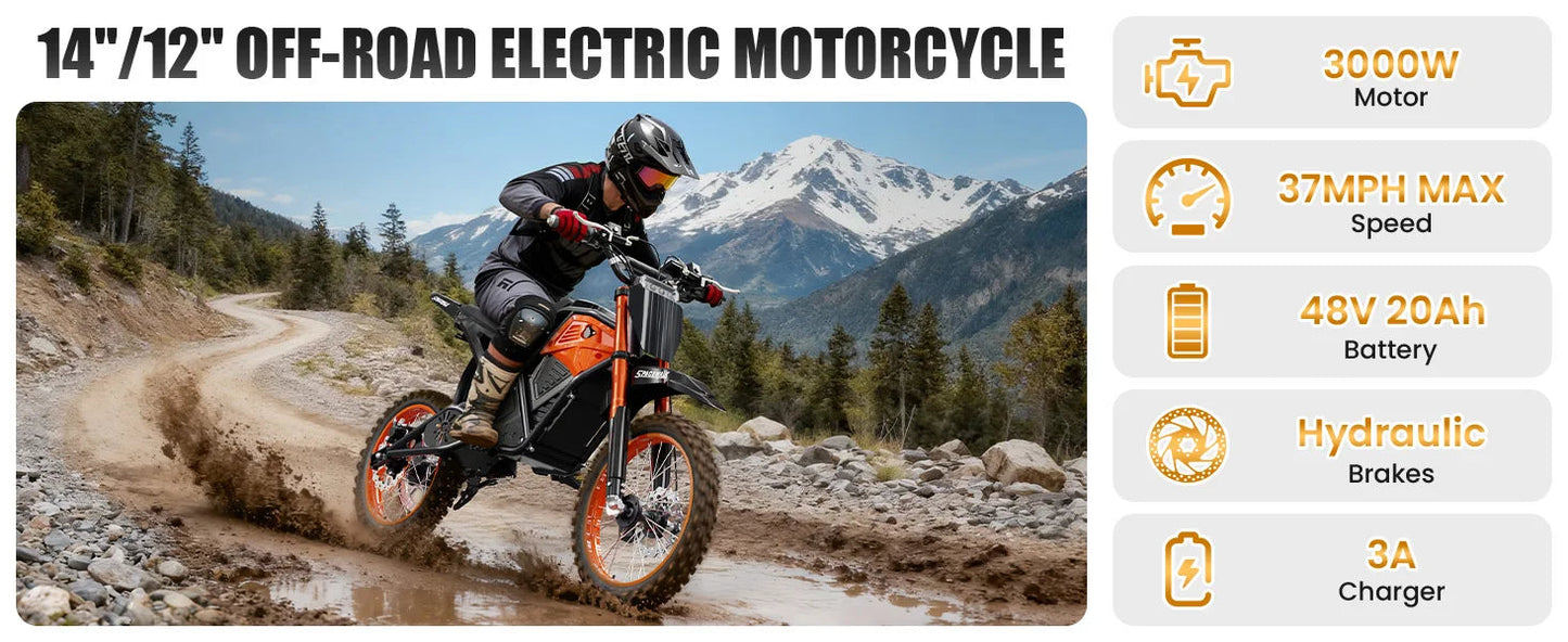 Electric Dirt Bike for Adults, 48V 3000W Peak Power Electric Motorcycle with 14"/12" Fat Tire, 37.5MPH Mountain Off-Road Ebike Ai-TechWorld 