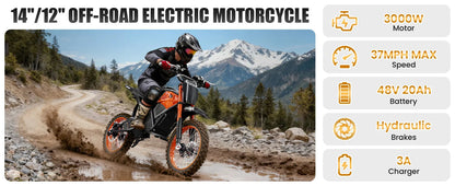 Electric Dirt Bike for Adults, 48V 3000W Peak Power Electric Motorcycle with 14"/12" Fat Tire, 37.5MPH Mountain Off-Road Ebike Ai-TechWorld 