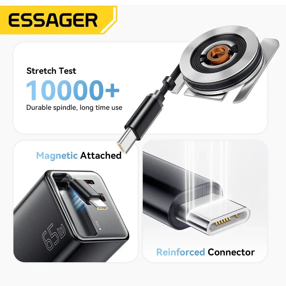 Essager 65W GaN Charger with Retractable Cable PD Fast Charging for Laptop Macbook iPhone 16 15 14 Xiaomi Type-C Phone Charger Ai-TechWorld 